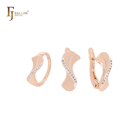 Conjunto de joyas de oro rosa de dos tonos con circonitas blancas en forma de S y anillos.