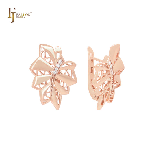 Great Maple leave of filigree and white CZ Rose Gold Russian Lock Earrings