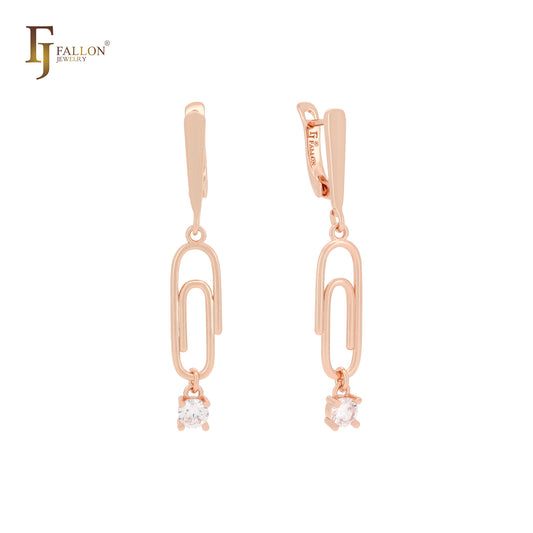 Paperclip dangling solitaire white CZ 14K Gold, Rose Gold, White Gold Russian Lock Earrings