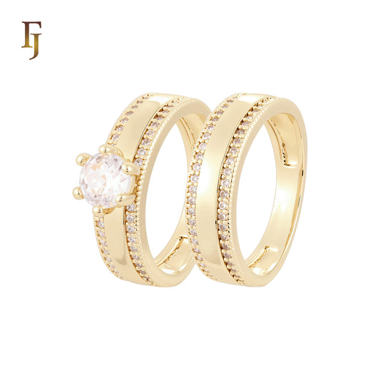 Flank double paved white CZs 14K Gold Wedding Set Rings Engagement and Band