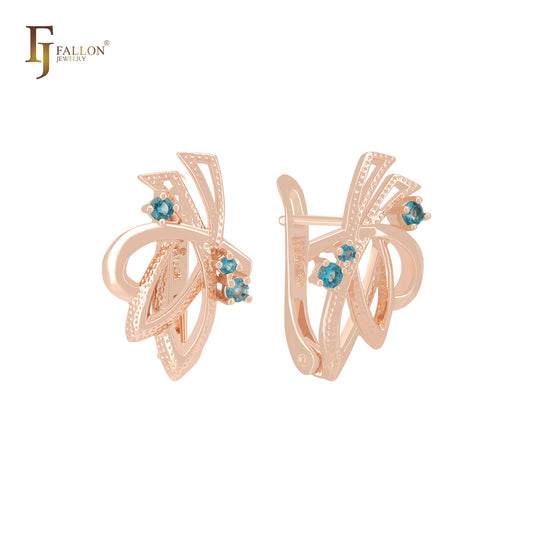 Geometric Ribbon of Blue CZs Rose Gold Russian Lock Earrings