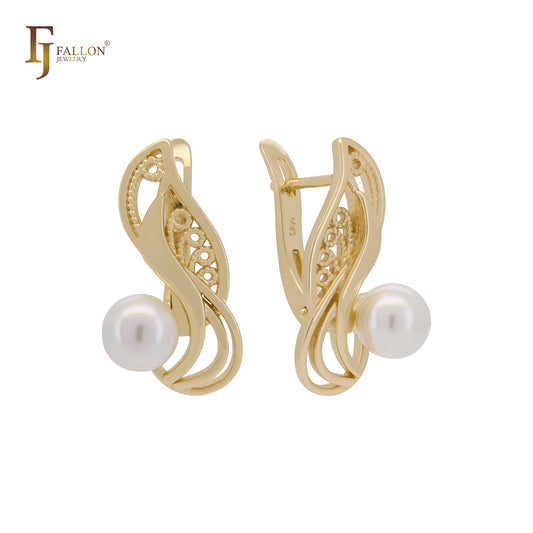 Pendientes de clip de oro rosa con filigrana danzante de perla