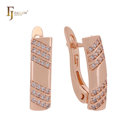 Double triple rows of white CZs Rose Gold Russian Lock Earrings