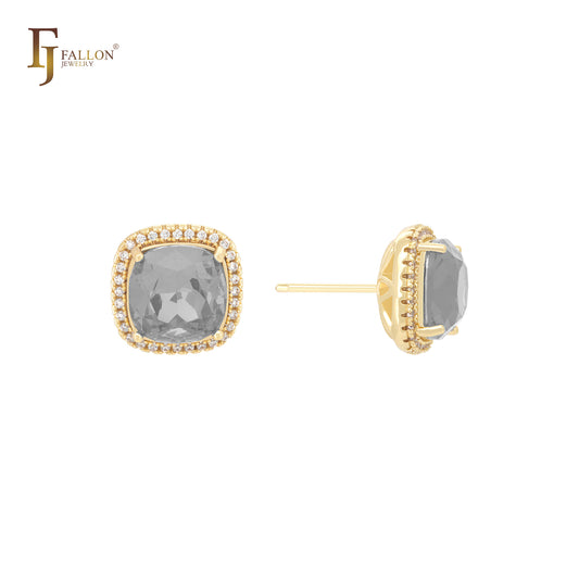 Pendientes de oro de 14 quilates con circonitas blancas y halo de corte cojín