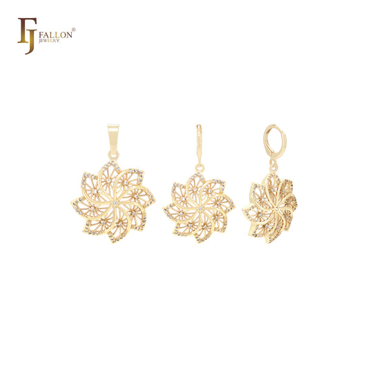 Conjunto de joias de ouro 14K com pingente e flor octogonal giratória de floco de neve branco CZs