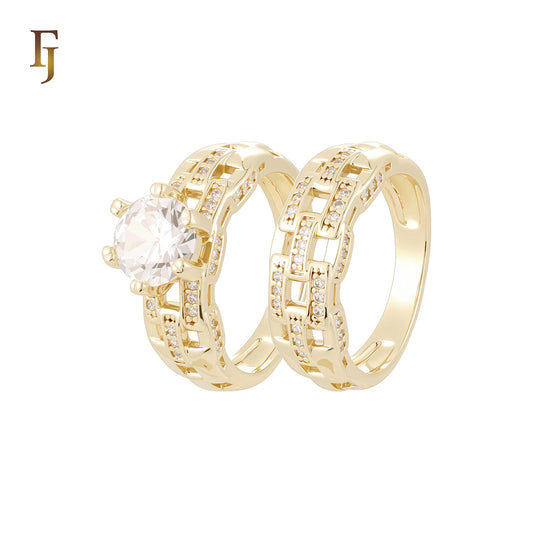 Chain link design white CZs 14K Gold Wedding Set Rings