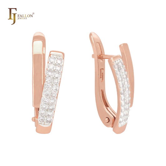 Double flank of white CZs Rose Gold Russian Lock Earrings