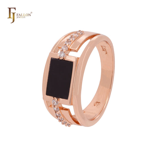 Anéis masculinos de ouro rosa com zircônias cúbicas brancas pavimentadas e pintadas de preto