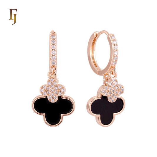 Double Clover of Black onyx and white CZs Rose Gold Huggie Earrings