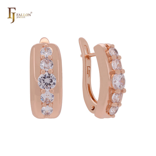 Five white Round CZs Rose Gold Russian Lock Earrings