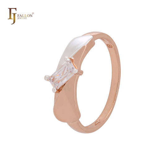 Rectangular cut white CZ solitaire wide Rose Gold two tone Fashion Rings