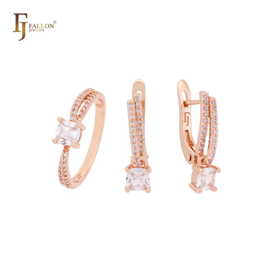 Elegante conjunto de joyas de oro rosa con anillos y candado de circonitas blancas y circonitas blancas pavimentadas