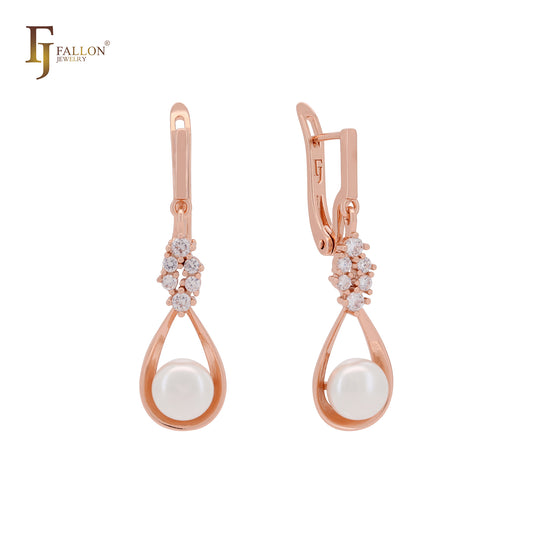 Pearl with white CZs Elegant embracing Rose Gold Russian Lock Earrings