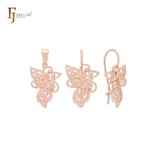 Conjunto de joyas de oro rosa con colgante en forma de trébol y flor de mariposa