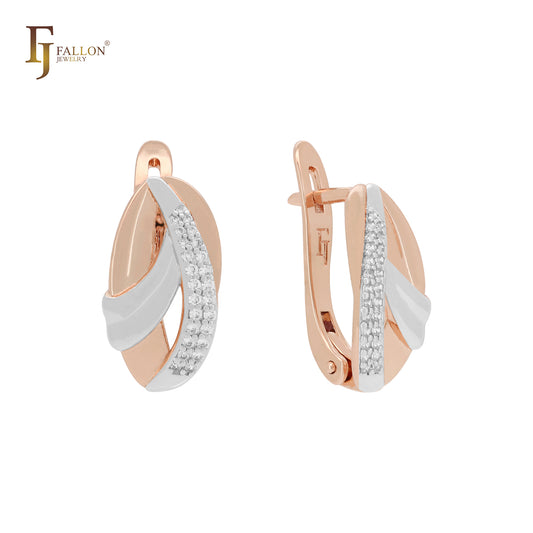 Ribbons overlapped cluster white CZs 14K Gold, Rose Gold two tone Russian Lock Earrings