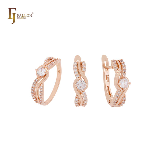 Conjunto de joyas de oro rosa con anillos y cinta retorcida de circonitas blancas