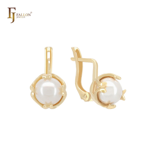 Minimalism solitaire clawed pearl 14K Gold Russian Lock Earrings