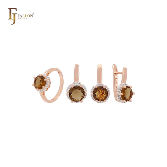 Conjunto de joyas de oro rosa en dos tonos con solitario halo, grande, redondo, colorido, circonita cúbica, anillos y colgante.