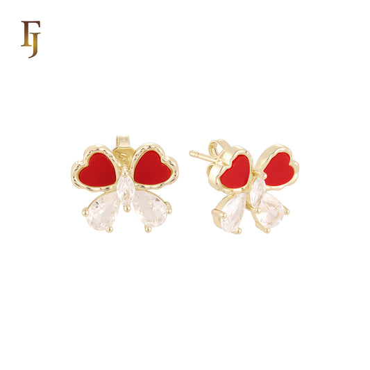 Hearty heart of white CZs and Red or white onyx 14K Gold Stud Earrings