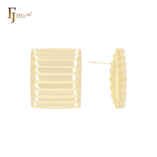 14Kゴールド、ローズゴールド、ホワイトゴールドの重ね付けスクエア型スタッドイヤリング