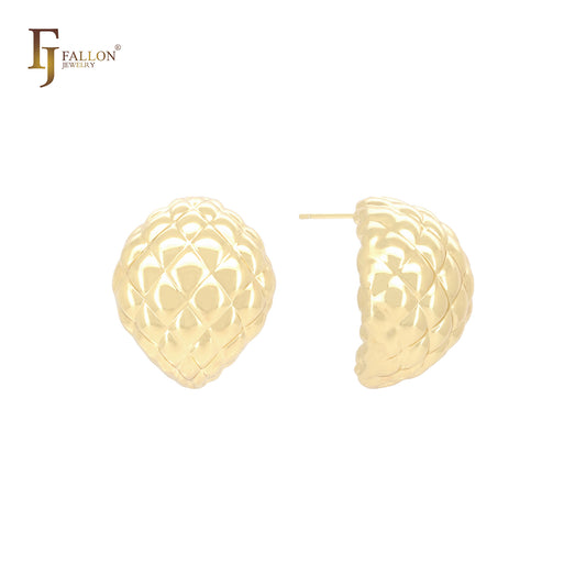 Pendientes de botón con textura de piña curvada en oro de 14 quilates, oro rosa y oro blanco.