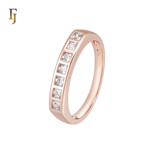Seven squared white Czs cluster 14K Gold, Rose Gold Wedding Band Rings