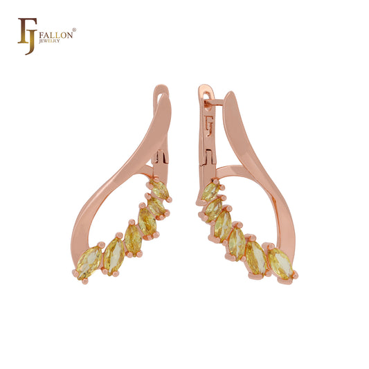 Parallel marquise cluster Olive Yellow CZs Rose Gold Russian Lock Earrings