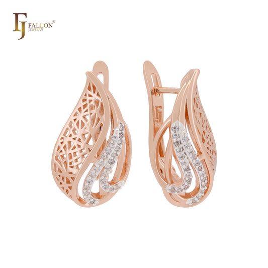 Luxurious filigree of white CZs Rose Gold two tone Russian Lock Earrings