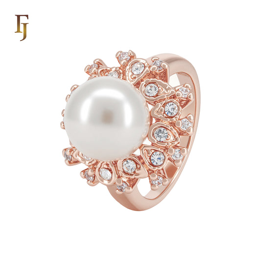 Sparkling flower of Pearl white CZs Rose Gold Fashion Rings