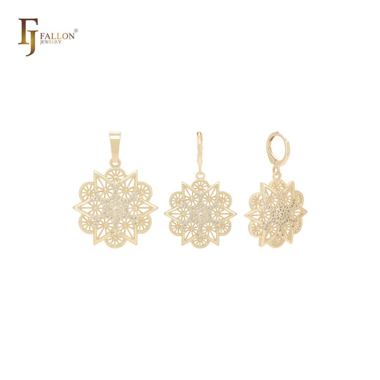 Conjunto de joias de ouro 14K com pingente e flocos de neve hexagonais de dupla camada