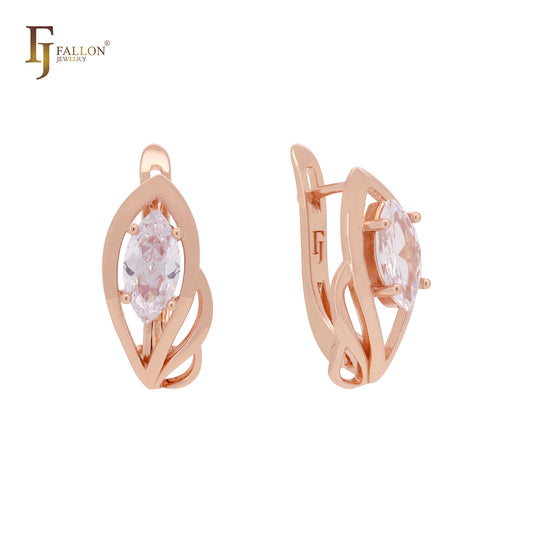 Solitaire Marquise White CZs minimalism 14K Gold Russian Lock Earrings