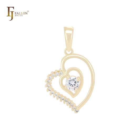 Pingente solitário Hearty Heart in Heart em ouro 14K com zircônia cúbica branca