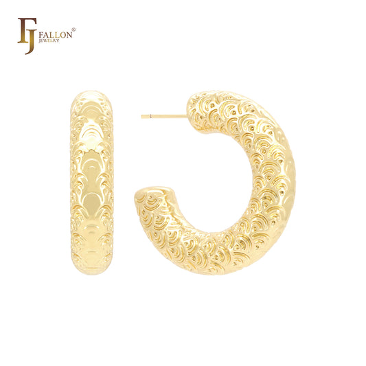 波浪纹 C 形环状 14K 金、玫瑰金、白金耳钉