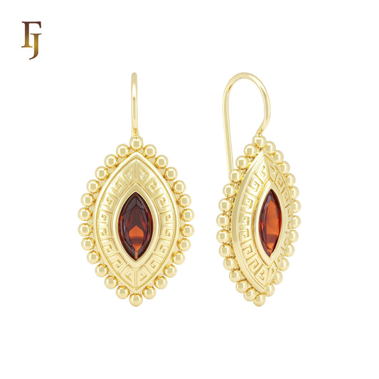 Marquise Greek Key Scarlet Garnet Red CZ Eye 14K Gold Wire Hook Earrings