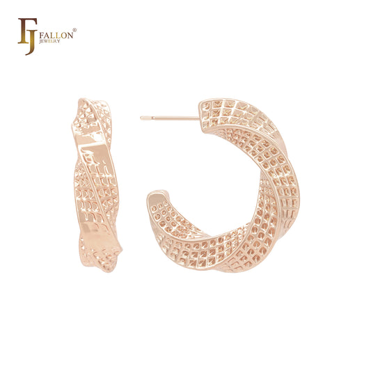 网状扭曲华夫格 C 形环 14K 金、玫瑰金、白金耳钉