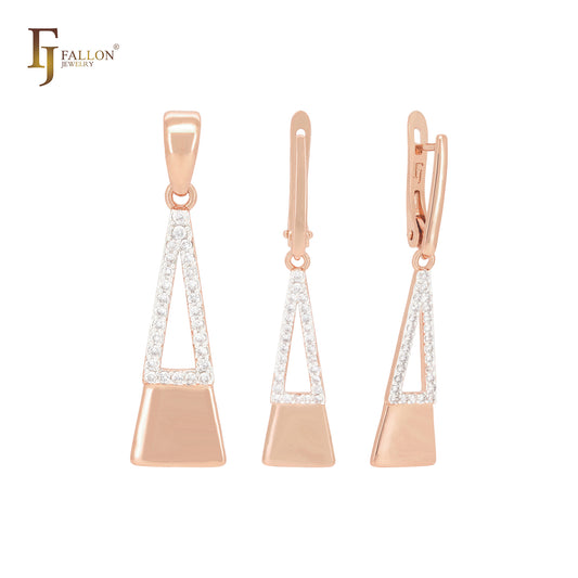 Conjunto de joyería de oro rosa con colgante y péndulo triangular doble de circonitas blancas