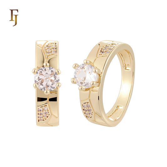 Section of nugget of white CZs 14K Gold Wedding Set Rings Engagement and Band