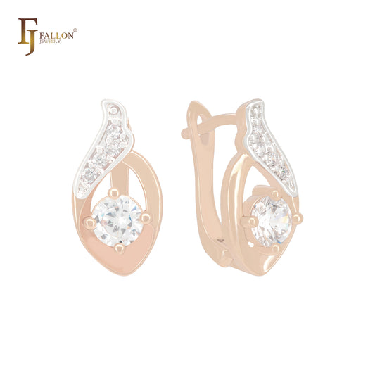 Swan's feather of white CZs Rose Gold two tone Russian Lock Earrings