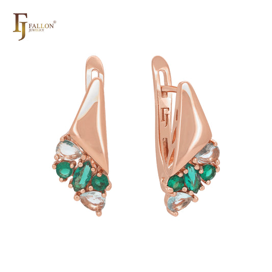 Luxurious white and green CZs cluster Rose Gold Russian Lock Earrings