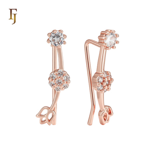 White CZs Solitaire Rose Flower Rose Gold Crawler Ear Climber Earrings