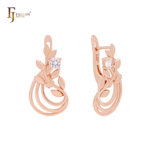 Triple rows of branches and leaves white CZ Rose Gold Russian Lock Earrings