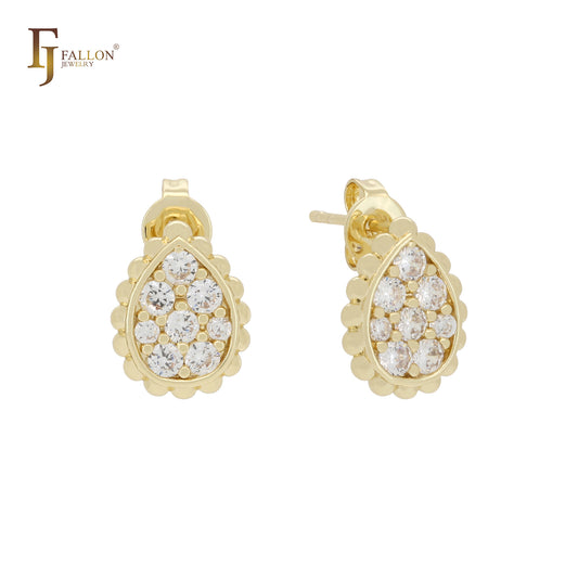 娇小的泪滴形白色圆形 CZ 14k 金耳钉