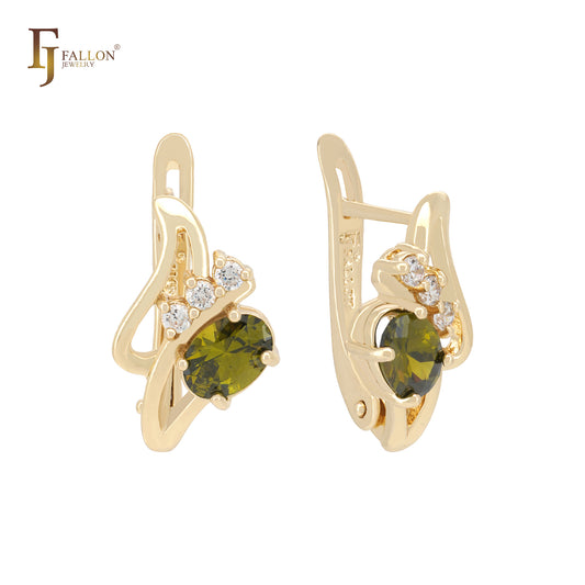 Oval Colorful CZ mixed triple white CZ 14K Gold Russian Lock Earrings