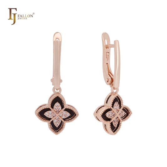 Black and white layered clover 14K Gold, Rose Gold Russian Lock Earrings