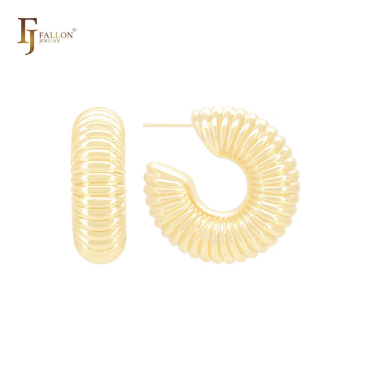 互锁堆叠贝壳形 C 形环 14K 金、玫瑰金、白金耳钉