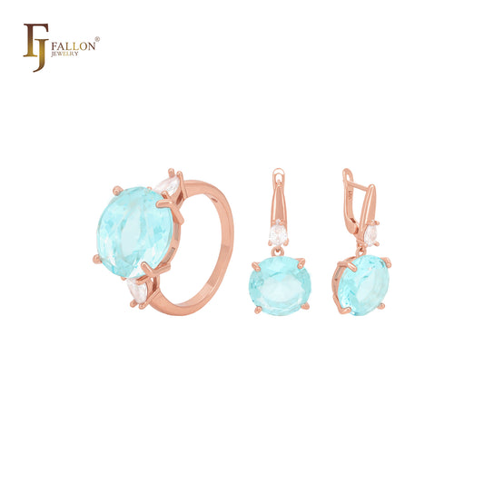 Grande conjunto de joias de ouro rosa com zircônia cúbica e solitário redondo Lake Blue com anéis