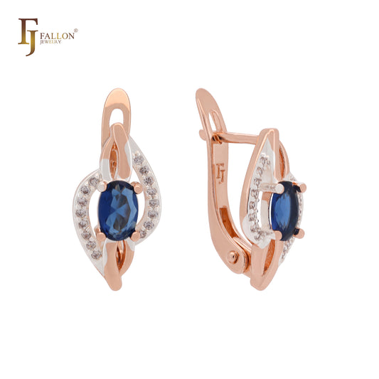 Solitaire blue cz surrounded by white czs Rose Gold two tone Russian Lock Earrings