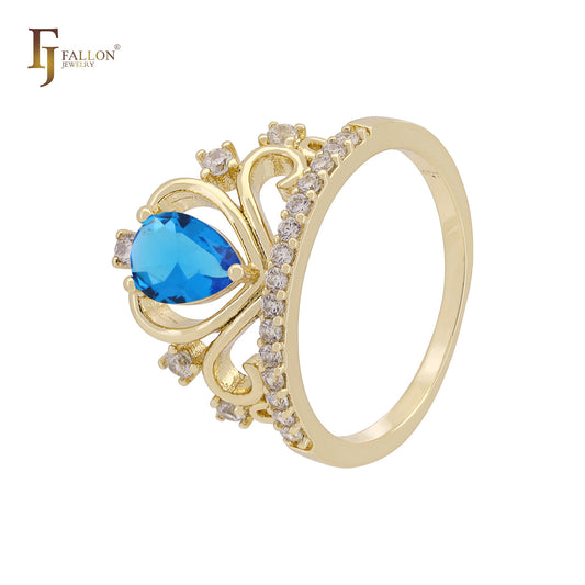 Anillo solitario en forma de pera con circonitas cúbicas coloridas en oro de 14 quilates, oro de 18 quilates y oro rosa con corona de circonitas blancas.