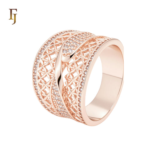 Cross paved white CZs filigree wide Rose Gold Fashion Rings