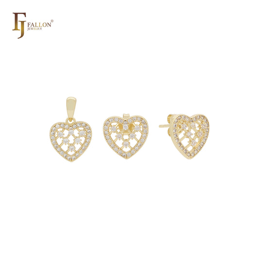 Conjunto de joias em ouro 14K com pingente e brincos de pino, em formato de coração, com zircônias brancas e cluster de rede Petit tiny